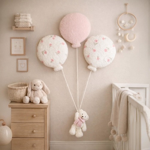 Nursery Wall  -  Boucle clouds with floral design and teddy bear clutching balloons