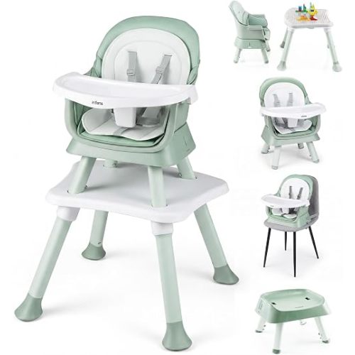INFANS 8 in 1 Baby High Chair, Convertible Highchair for Babies and Toddlers, Infant Dining Booster Seat, Building Block Table, Kids Stool Table Chair Set with Removable Tray (Green)
