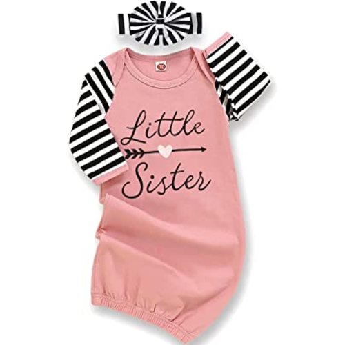 AMAWMW Newborn Baby Girl Little Sister Sleeper Gown Stripe Long Sleeve Nightgown Pajamas Gifts Stuff Essential Outfit