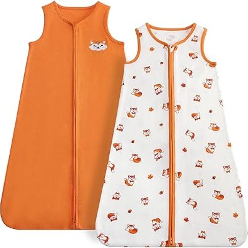 DaysU Baby Sleep Sack 6-12 Months, 100% Cotton, Unisex Wearable Blanket 2-Way Zipper TOG 0.5, Breathable Lightweight Sleeping Bag 2 Pack, Fox, Medium