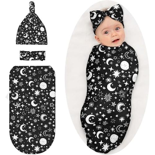 Moon and Star Black Baby Stuff Swaddle Blanket Wrap Baby Newborn Blanket Soft Stretchy with Headband Hat Set Gift for Infant Boy Girl