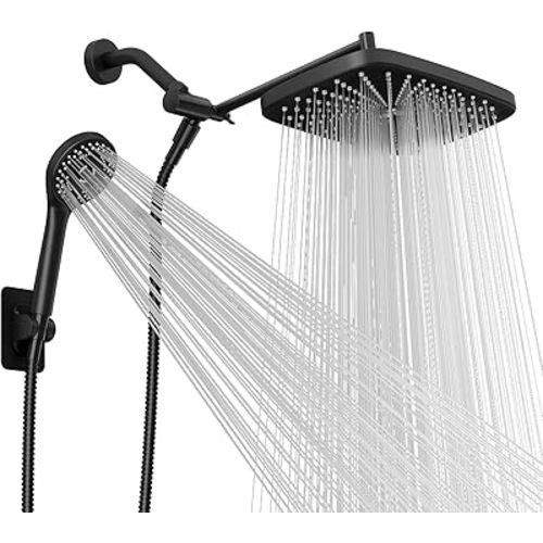Wide Rain Shower Head With 5 Modes Handheld Showerheads, High Pressure Showerhead Combo with Extension Arm for Bathroom Accessories, Adjustable Shower Head with Anti-Clog Nozzles (Black)