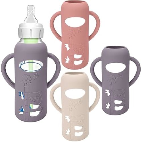 BUSOHA 3 Pack Silicone Sleeves for Dr Brown Glass Baby Bottles - Drop Protection Baby Bottle Sleeves,Compatible with Dr. Brown's Newborn Glass Bottles,with Silicone Handles,8 oz