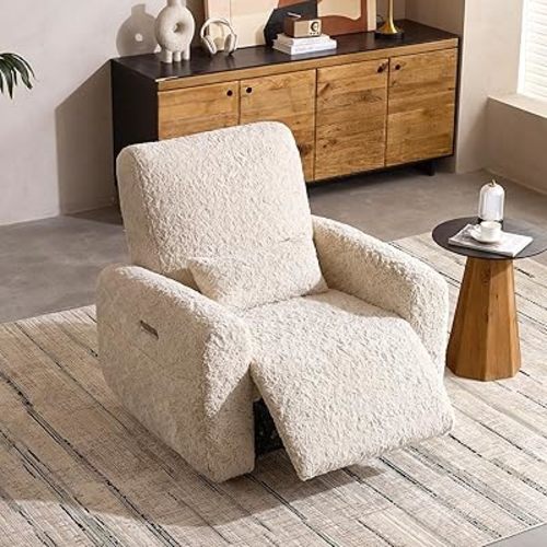 EONIX Real Zero Clearance Wall Hugger Power Recliners for Small Spaces, RV Recliner Chairs with Charging Ports and Side Pokects, 400lbs Heavy Duty, SXXY015, Plush Fabric, Beige