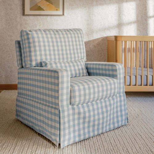 Crawford Pillowback Comfort Swivel Glider in Blue Gingham | Over The Moon
