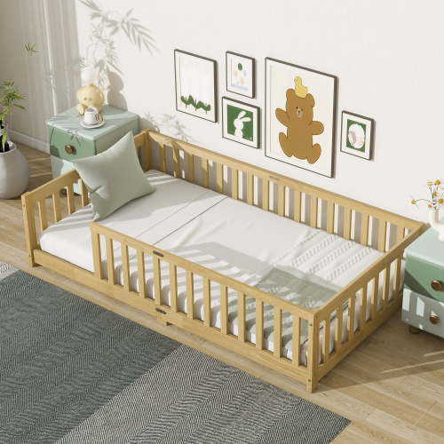 Miniyam Wooden Twin Size Floor Bed with Safety Fence for Kids, Natural