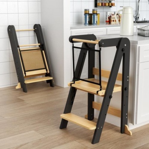 HOMLUX Foldable Toddler Kitchen Step Stool, 3 Adjustable Height Kitchen Stool with Safety Net for Kids Ages 1–6, Black