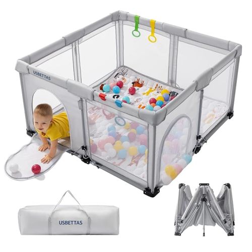 Foldable Baby Playpen, 1-Minute Setup, Lightweight Portable Playpen with Carry Bag, 59"x71" Indoor Outdoor Safty Play Yard for Babies & Toddlers,Light Gray