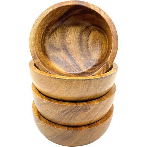 Small Wood Bowls, Set of 4, 4.25 In Acacia Calabash Dip Bowls, Prep Bowls