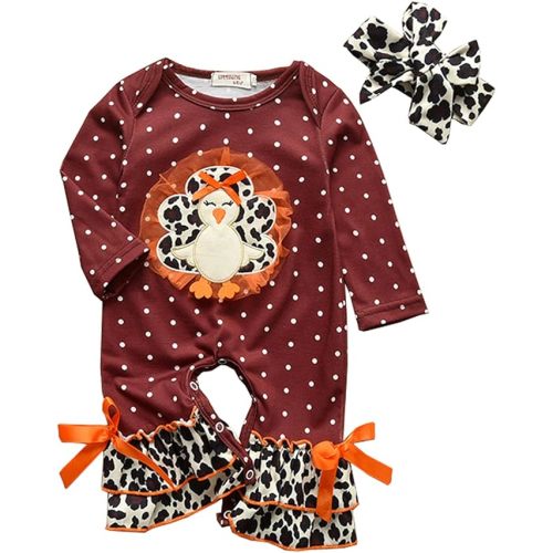 Infant Toddler Baby Girl Thanksgiving Outfits Long Sleeve Jumpsuit Turkey Romper One Piece Bodysuit Leopard Bodysuit