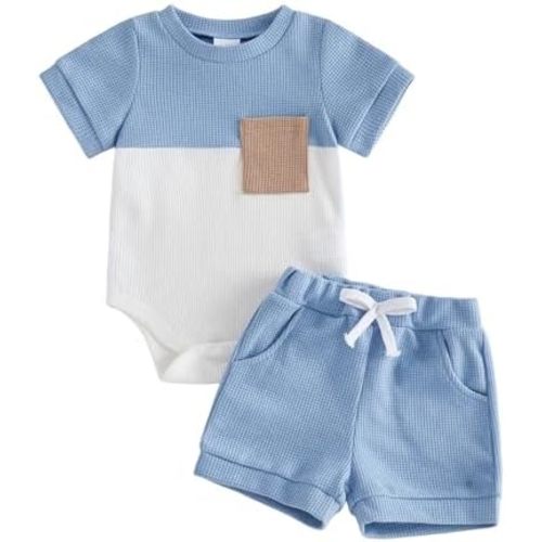 Newborn Baby Boy Summer Outfit Set Contrast Color Romper Tops With Elastic Waist Shorts Cute Infant Waffle Clothes