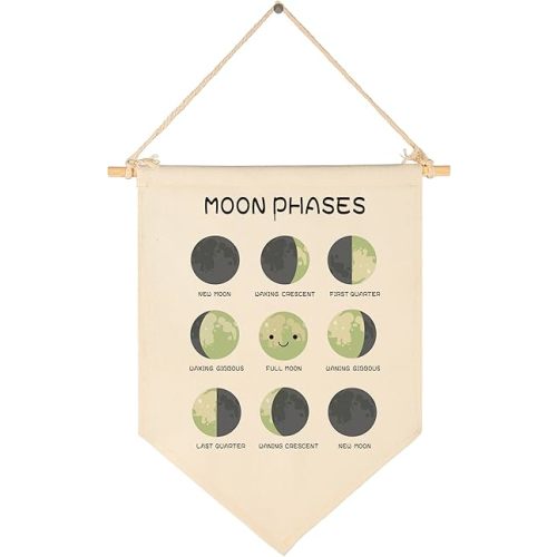 Learning Moon Phases,Lunar Phases,Montessori,Homeschool Educational-Flag Gift for Baby Girls Boys Kids-Canvas Hanging Banner Pennant Wall Sign Gifts for Nursery Baby Room Playroom Bedroom
