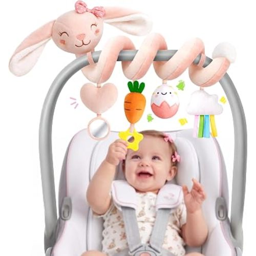 Stuffed Pink Bunny - Juguetes de asiento de coche en espiral para bebés de 0 a 6 meses, cochecito de juguete con zanahoria de felpa y mordedor de estrella colgante, búsqueda de registro de bebés y