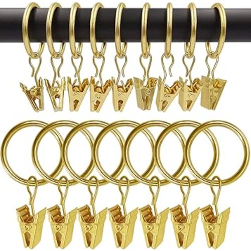 100 Pack Gold Curtain Rings with Clips, Curtain Hooks Hangers Clip Rings for Hanging Drapes Bows Hat, Drapery Rings 1 in I D, Fits up to 5/8 in Diameter Curtain Rod.