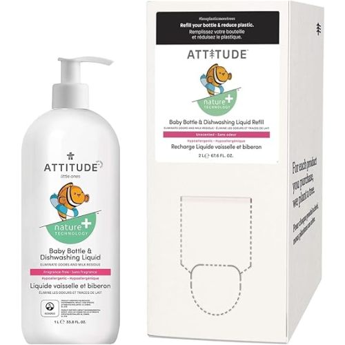 Bundle of ATTITUDE Baby Dish Soap, Plant-Based Dish Liquid, Extra Gentle on Sensitive Skin, Tough on Milk Residue & Grease on Bottles, Fragrance Free, 33.8 Fl Oz + Bulk Refill 67.6 Fl Oz