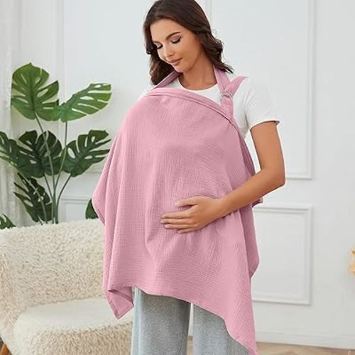 Muslin Nursing Cover for Baby Breastfeeding, Breathable 100% Cotton Breastfeeding Cover with Rigid Hoop for Mother Nursing Apron (Bold Blush)