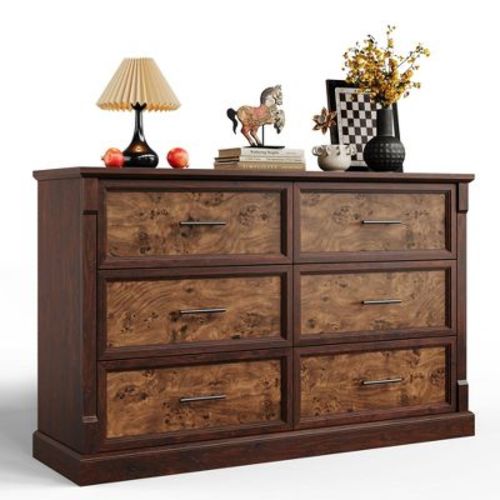 Garvee 6 Drawer Dresser for Bedroom, Framhouse Large Chest, Rustic Double Wood Dresser, Storage Dressers Organizer for Living Room, Nursery, Grey