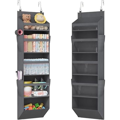 Lifewit 1 Pack Over the Door Organizer, 5 Section Clear Window Hanging Storage with 4 Side Pockets, Sturdy Anti Tilt 40 lbs Load Behind Door for Closet, Bedroom, Bathroom, Nursery, Dorm, Gray