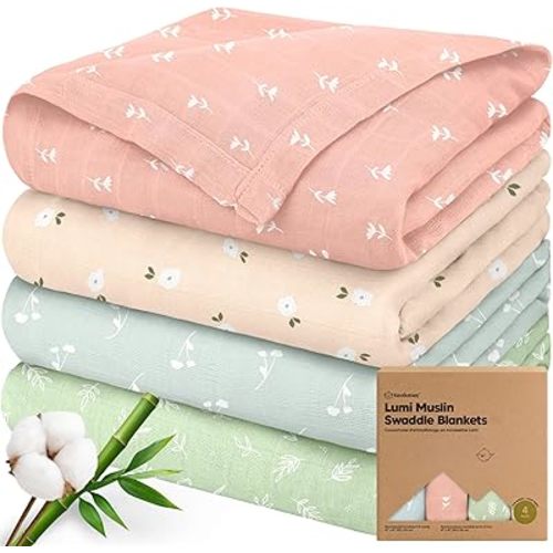 4-Pack Muslin Swaddle Blankets for Boys, Girls - Organic Baby Swaddles for Newborns, Soft & Breathable Receiving Baby Blankets for Girl, Boy, Neutral, Newborn Essentials Gift (Bloom)