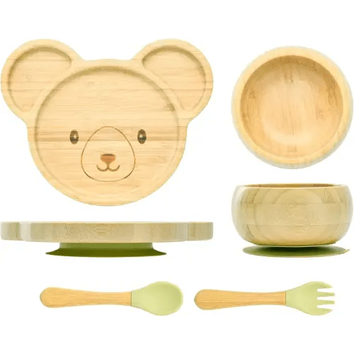 Juego de cuencos de bambú con ventosas para bebés y niños pequeños, plato dividido para alimentos con tenedor y cuchara de silicona, juego de alimentación totalmente natural