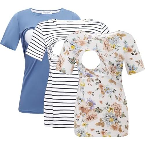 Bearsland Women's 3 Packs Maternity Nursing Tops Short Sleeve Breastfeeding Shirts
