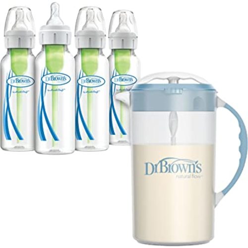 Dr. Brown's Baby Formula Mixing Pitcher 36 oz, Blue with Anti-Colic Options+ Narrow Baby Bottles, 4 Pack, 8 oz
