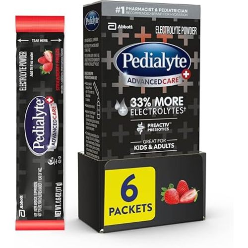 Pedialyte AdvancedCare Plus Electrolyte Powder, Has 33% More Electrolytes and PreActiv Prebiotics, Strawberry Freeze, 6 Powder Packets