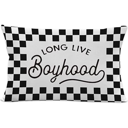 Long Live Boyhood Throw Pillow Covers, Boys Room Decor, Trendy Black and White Checkerboard Decorative Pillowcases Cushion Cases for Boys Bedroom Playroom Nursery Decor, 12x20 Pillow Covers