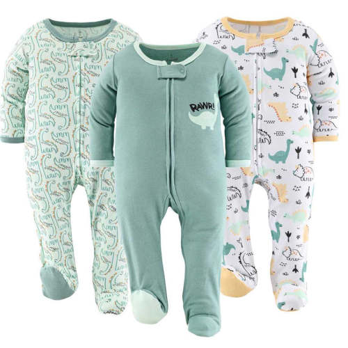 Green Dino Baby Sleepers for Boys Set of 3