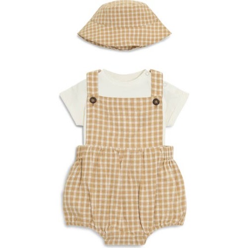Stripe Cotton Shirt, Romper & Hat Set, 6-12M