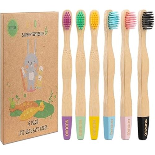 NUDUKO Kids Toothbrush Bamboo Toothbrushes 6 Pack - Organic Compostable Tooth Brush Wooden Baby Toddler Toothbrush, Eco-Friendly Natural Biodegradable Soft Bristle Toothbrush for Children
