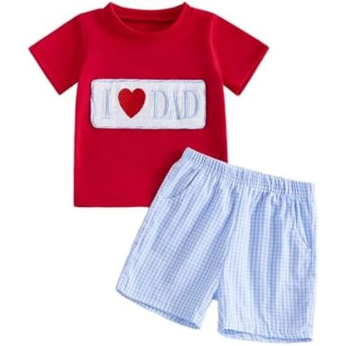 Toddler Baby Boy Fathers Day Outfit I Love Dad Embroidery Smocked Short Sleeve T-Shirt Top and Plaid Shorts Set