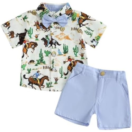 Karuedoo Western Toddler Baby Boy Clothes Riding Horse Button Down Short Sleeve Shirt Tops Shorts Set Summer Country Outfit