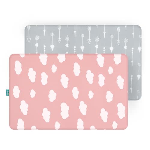 Biloban Pack N Play Sheets Fitted, 2 Pack Portable Playard Pack and Play Sheet, Ultra Soft Mini Crib Sheets, Pink Cloud and Grey Arrowhead
