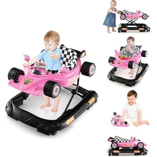 BABY JOY 4-in-1 Baby Walker, Foldable Activity Walker with Adjustable Height, Music & Lights, Anti-Rollover, Toddler Push Walker, Baby Walker with Wheels for Boys Girls 6-14 Months (Pink)