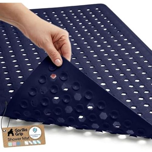 GORILLA GRIP Patented Bath Tub Shower Mat, Machine Washable Bathtub Floor Liner Mats, Suction Cups and Drain Holes to Keep Tubs Clean, Soft on Feet, Bathroom Essentials, 35x16 Inch, Navy Opaque