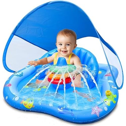 Baby Splash Water Play Mat with Sprinkler, Inflatable Baby Pool Float with Canopy Backrest & Stackable Rings Water Sprinkler for Kids, Outdoor Water Play Toys for Toddlers Swimming Water Games