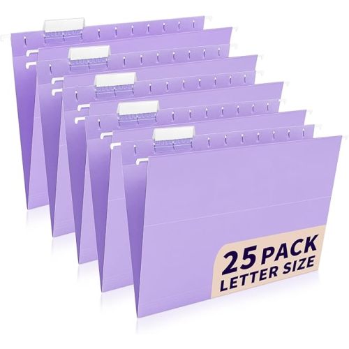 25-Pack Light Purple Hanging File Folders, Letter Size, Includes 35 Transparent Label Cards & 50 Sticker Labels,1/5-Cut Tabs for Home & Office Organization