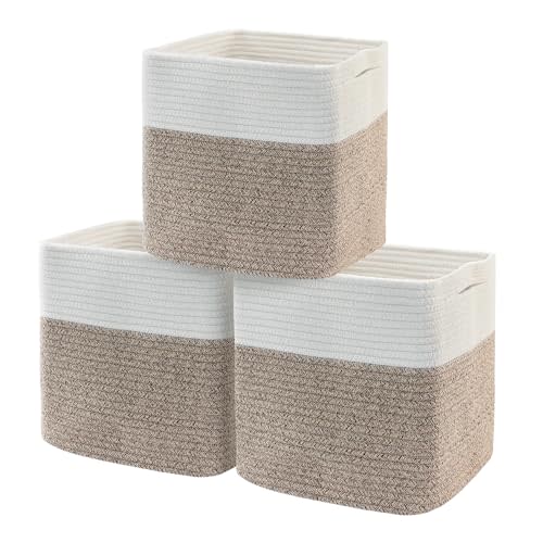 MEGASKET 3 Pack Cube Storage Bin, 11 Inch Cotton Rope Baskets for Organizing, Woven Fabric Kids Toy Bin Box, Baby Nursery Cube Storage Organizer, Decorative Cute Wicker Square Basket for Shelves