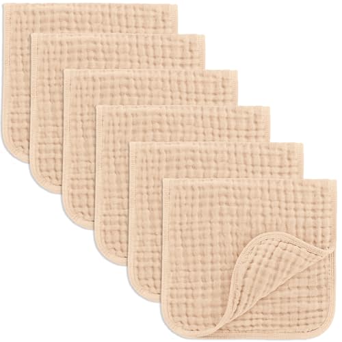 Comfy Cubs Muslin Burp Cloths 20" x 10", Pack of 6 - Large, 6-Layer, Ultra Absorbent 100% Cotton for Baby Drool and Messes - Soft, Safe & Gentle Baby Burp Cloths Set for Boys & Girls - Cream