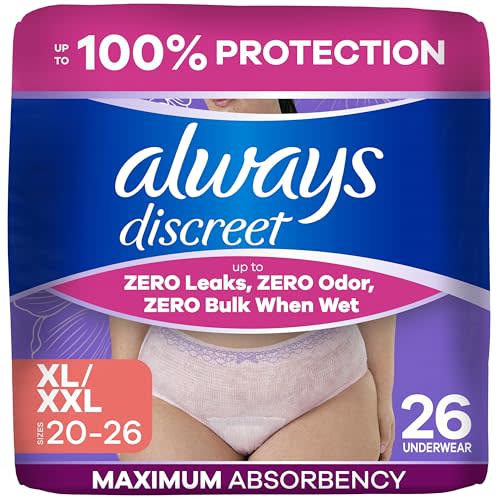 Always Discreet Adult Diapers for Women, Incontinence Underwear, Postpartum Essentials, Disposable Briefs, Max Absorbency, Bladder Leak Protection, Extra Large/XL, 26ct