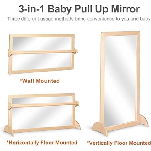 3-Position Montessori Wood Frame Non-Shatter Safety Pull Up Bar Baby Big Mirror Set, Infant Coordination Mirror, Kids Classroom Furniture for Daycare, Homeschool or Preschool