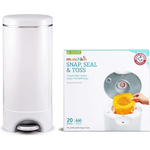 Munchkin® STEP™ Diaper Pail Powered by Arm & Hammer, #1 in Odor Control, Award-Winning, Includes 21 Snap, Seal & Toss™ Bags, 1 Starter Refill Ring, and 1 PUCK™ Baking Soda Cartridge
