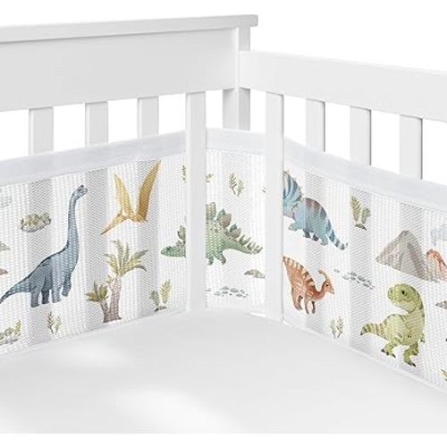 Sweet Jojo Designs + BreathableBaby 2-Piece Breathable Mesh Crib Liner Set (Watercolor Dinosaur Dino) for Boys, Baby, Infants/Newborn Nursery (Modern, Dinosaurs, Jurassic, Nature, Animal, Green, Blue)