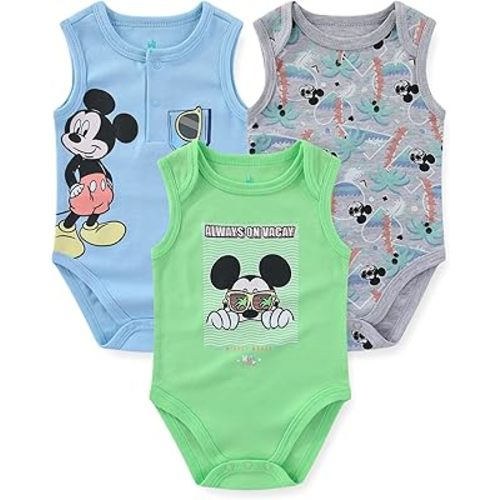 Disney Mickey Mouse Baby Boys 3 Pack Sleeveless Bodysuit for Newborn and Infant