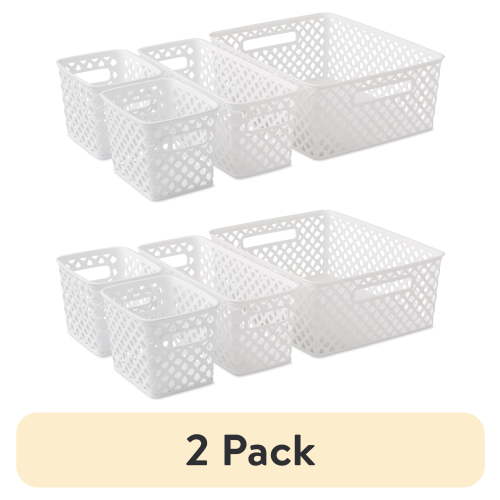 Mainstays 4-Piece White Plastic Deco Storage Baskets for Bedroom, Kitchen, Closet