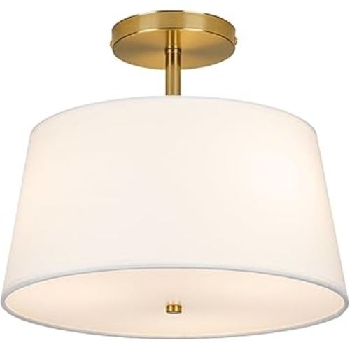 Modern Cone-Shaped Semi Flush Mount Ceiling Light Fixture, 3-Light Drum Lamp with Gold Brass Finish and White Fabric Shade for Bedroom, Kitchen, Dining Room, Hallway, Entryway, and Foyer