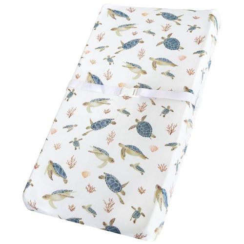 LifeTree Muslin Changing Pad Cover for Baby Girls Boys, 70% Viscose from Bamboo and 30% Cotton, 16"x32" Diaper Change Table Pad Covers, Soft Changing Pad Sheets, Sea Turtle Pattern