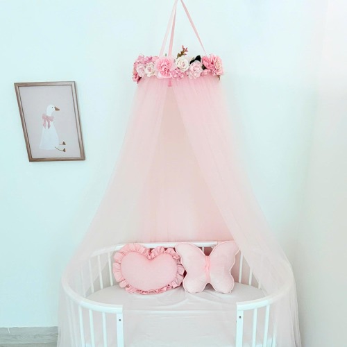 Light Pink Princess Crib Canopy: Floral Tulle Nursery Tent