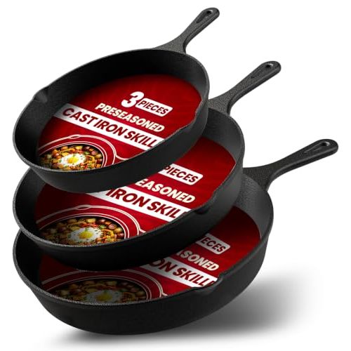 Utopia Kitchen Cast Iron Skillet Set 3 Piece 6 8 10 Inch PFAS-Free Black | Chef Pan, Even Heat Distribution, Stovetop, Campfire and Grill Safe, Large Skillet Set, Indoor Outdoor Use